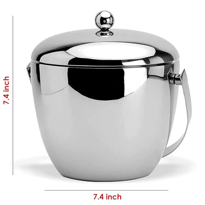 Apple ice bucket product dimensions showing 7.4 inch height and width measurements with spherical lid knob
