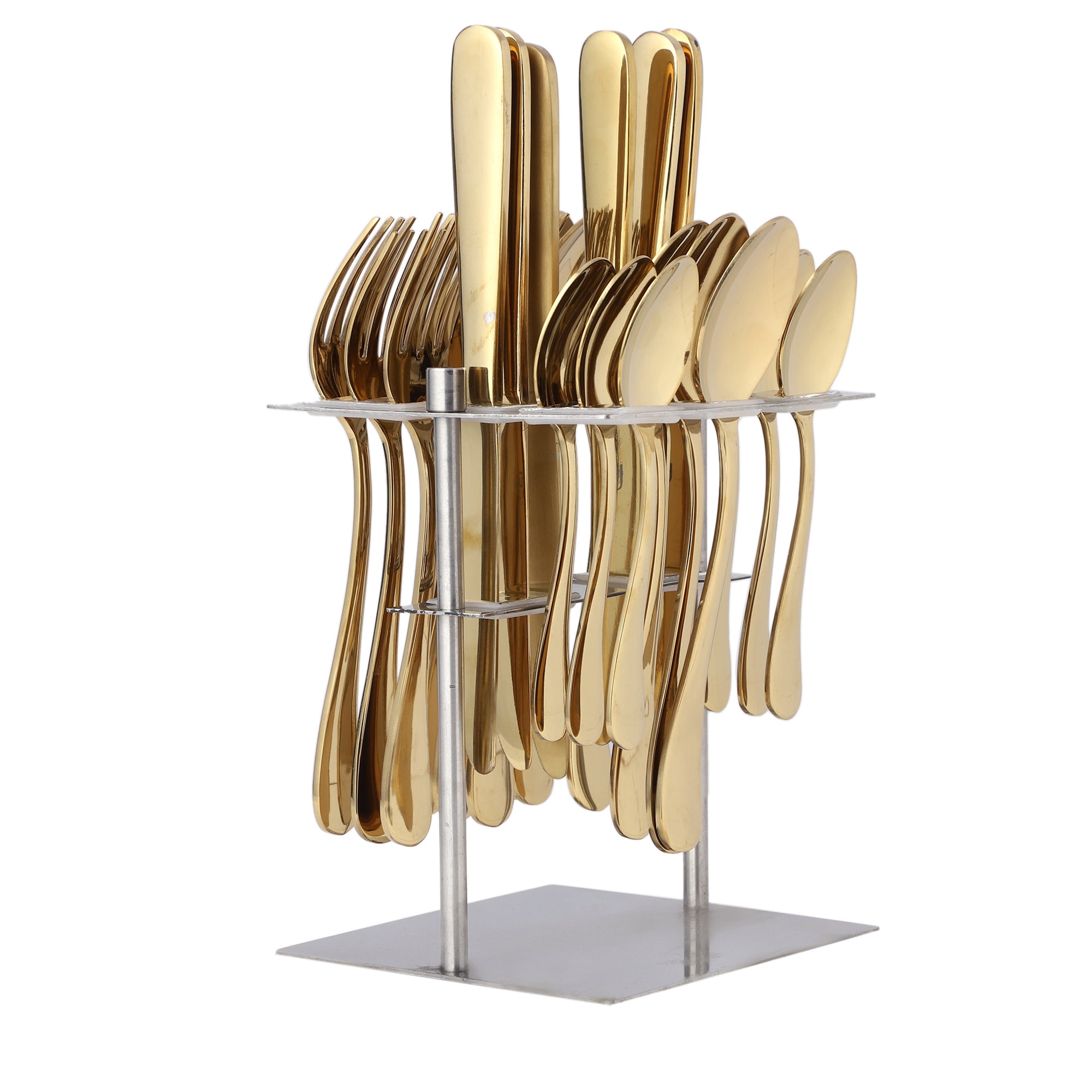 Full gold flatware set organized in a silver rack, displayed against a plain white background.