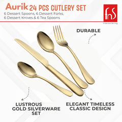 Gold cutlery set featured with callouts for durability, lustrous finish, and timeless elegant design style.