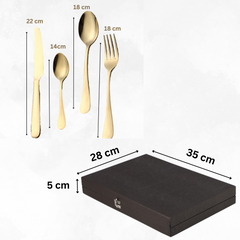 Gold flatware set with measurements shown beside a black rectangular storage box labeled with dimensions.