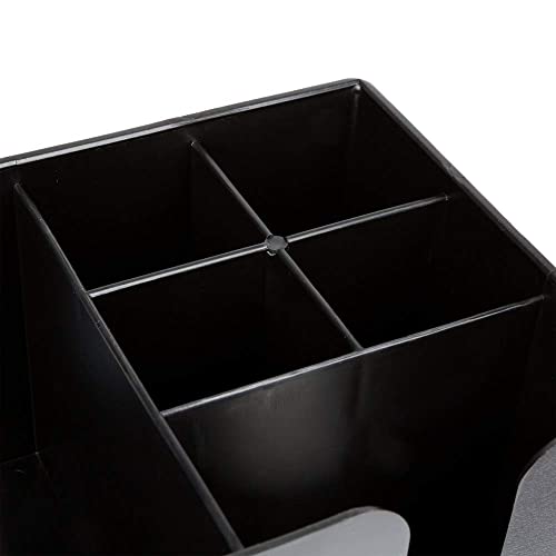 Close-up interior view of black bar caddy showing four deep compartments for organizing bar supplies