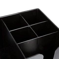 Close-up interior view of black bar caddy showing four deep compartments for organizing bar supplies