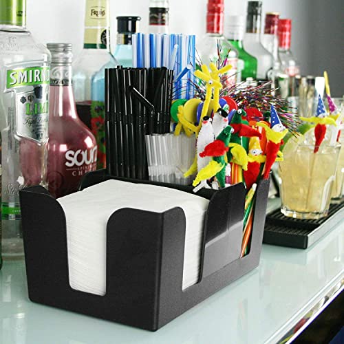 Bar caddy organizer on counter with blue and white straws, napkins, colorful cocktail decorations, and liquor bottles in background