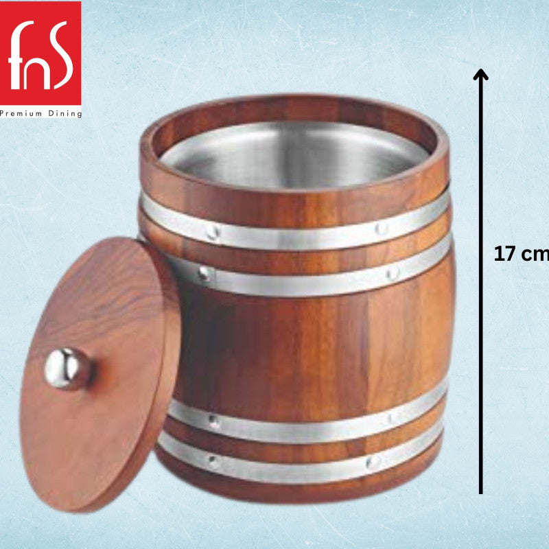 Barrel-style ice bucket with wooden lid and measurement indicator showing 17 cm height dimension specification