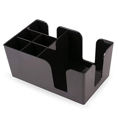 Empty black bar caddy organizer with napkin holder slot and multiple compartments for straws and bar accessories