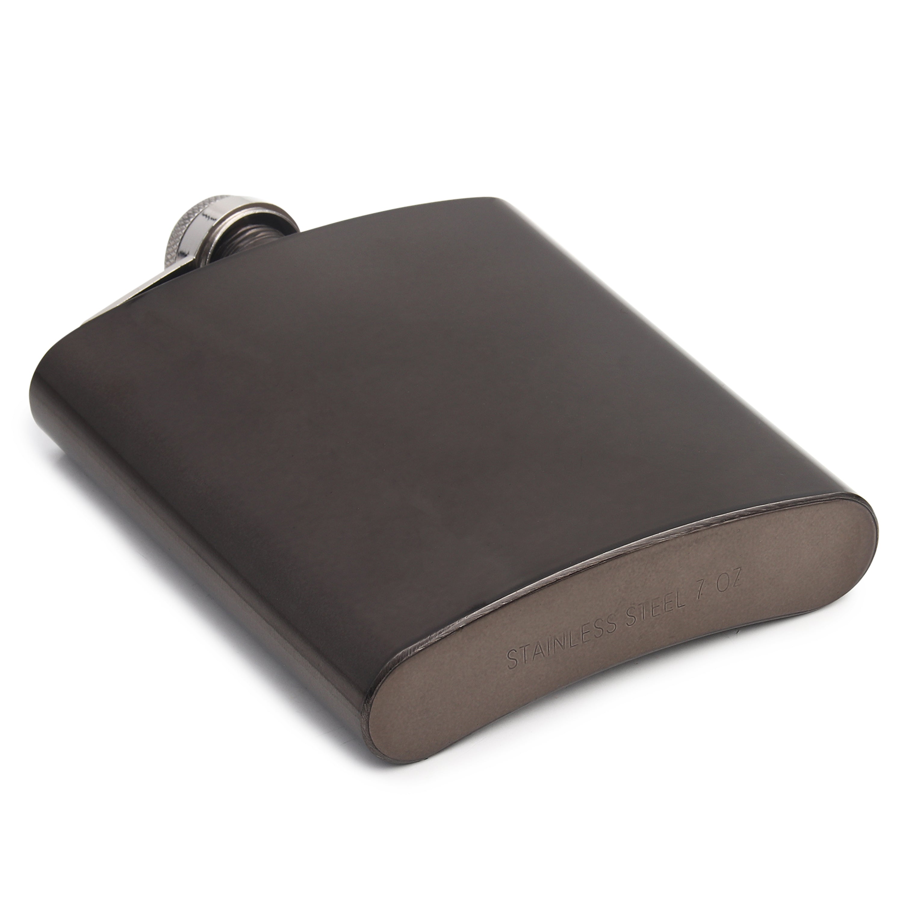 Bottom view of black hip flask showing smooth rounded base with engraved "STAINLESS STEEL 7 OZ" marking