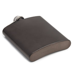 Bottom view of black hip flask showing smooth rounded base with engraved "STAINLESS STEEL 7 OZ" marking