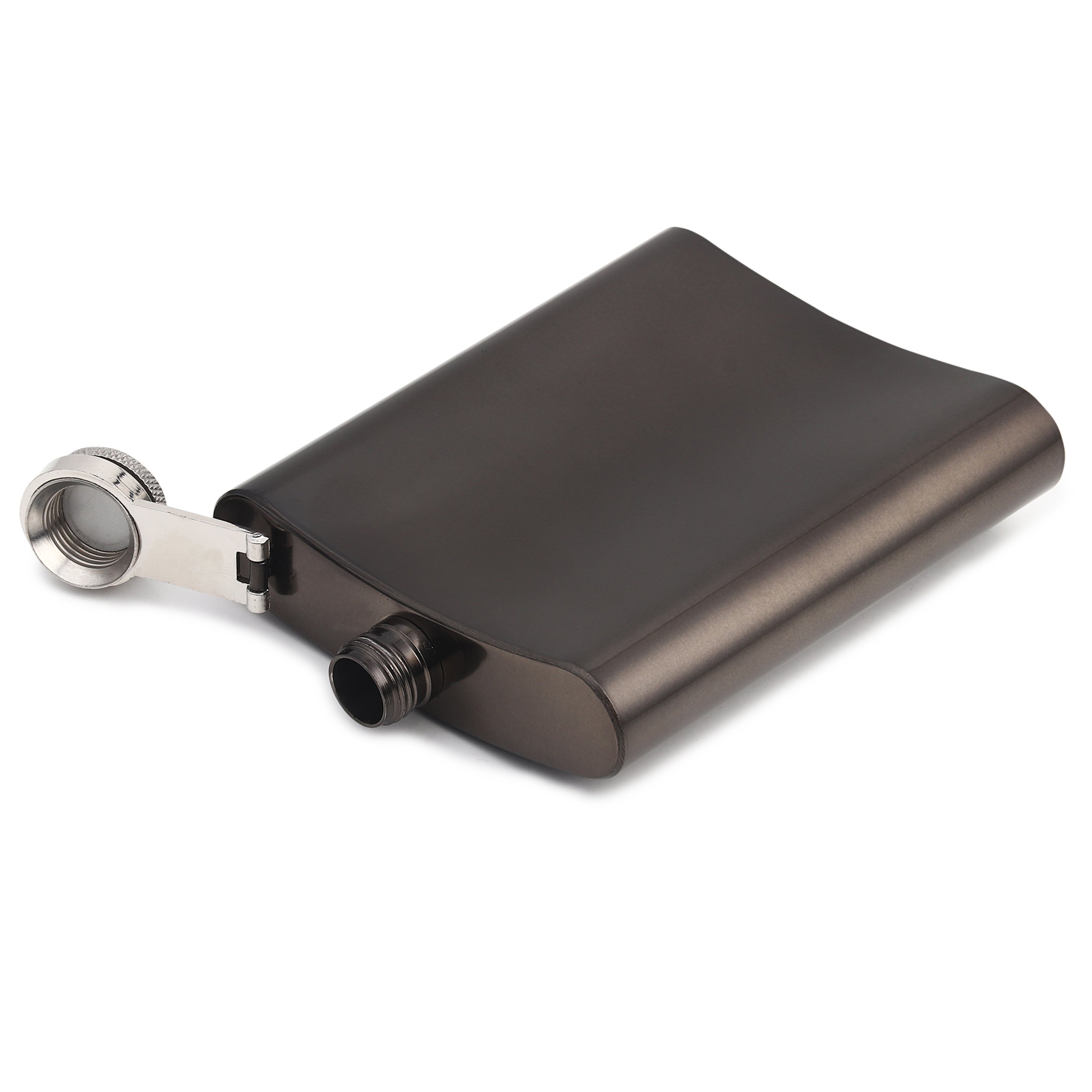 Black curved hip flask with hinged chrome cap in open position showing ergonomic pocket-sized design