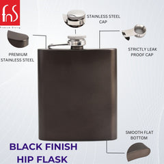 Black hip flask infographic showing premium stainless steel construction, leak-proof screw cap, smooth flat bottom, and component details