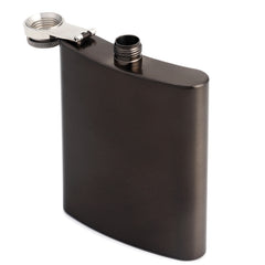 Black hip flask with cap unscrewed showing threaded opening and interior construction detail