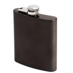 Black stainless steel hip flask with polished chrome screw cap and hinged attachment on white background