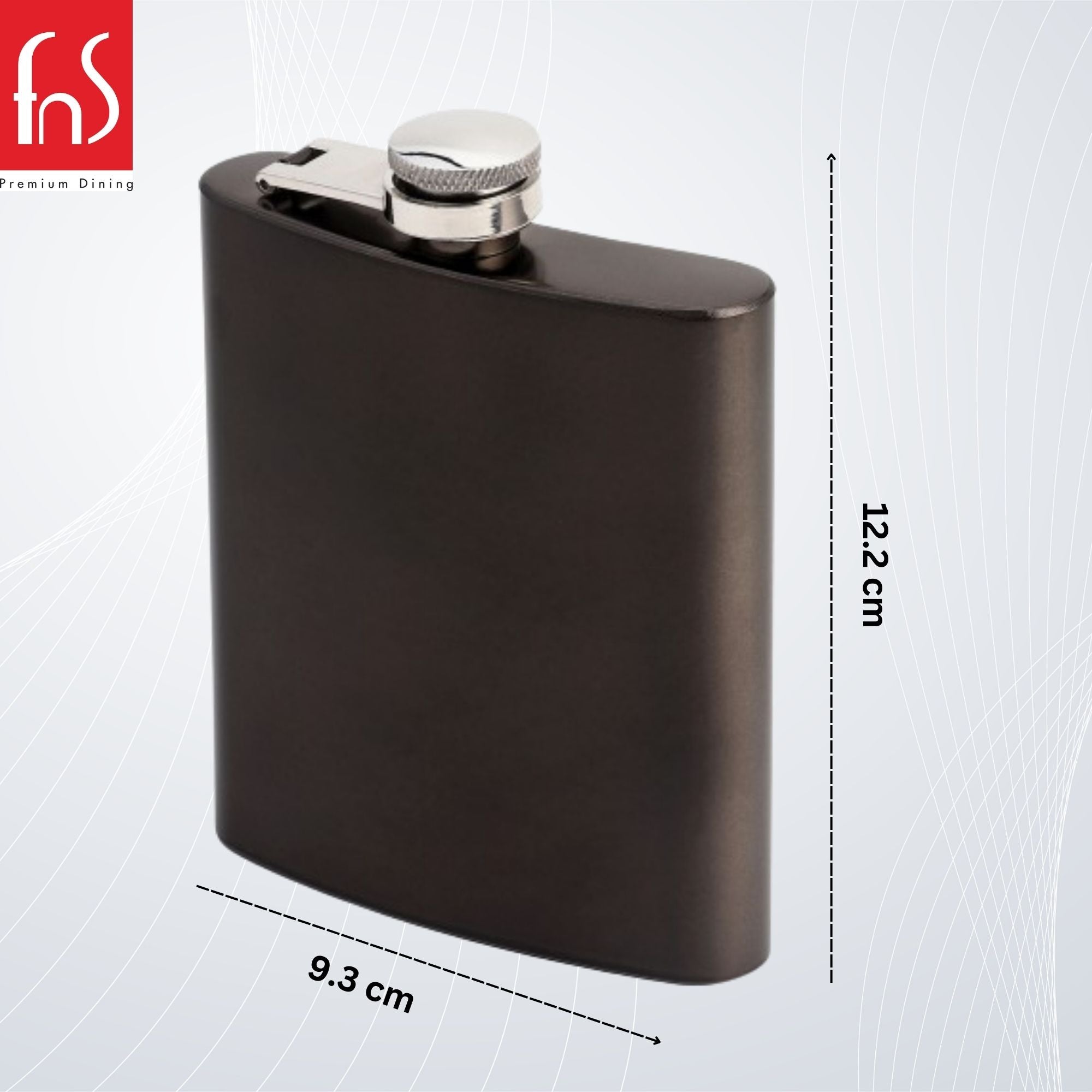 Black matte finish hip flask with dimension measurements showing 12.2 cm height and 9.3 cm width specifications