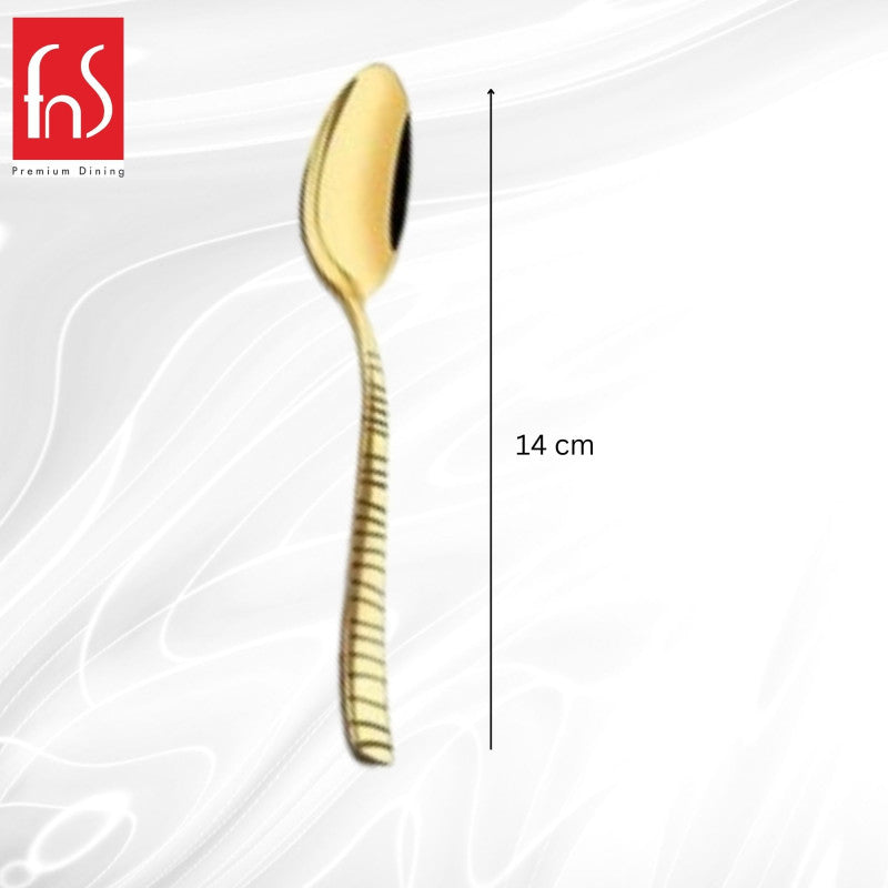 Boston Teaspoon individual measurement showing 14cm length with polished gold-plated bowl and decorative textured handle design for premium service.