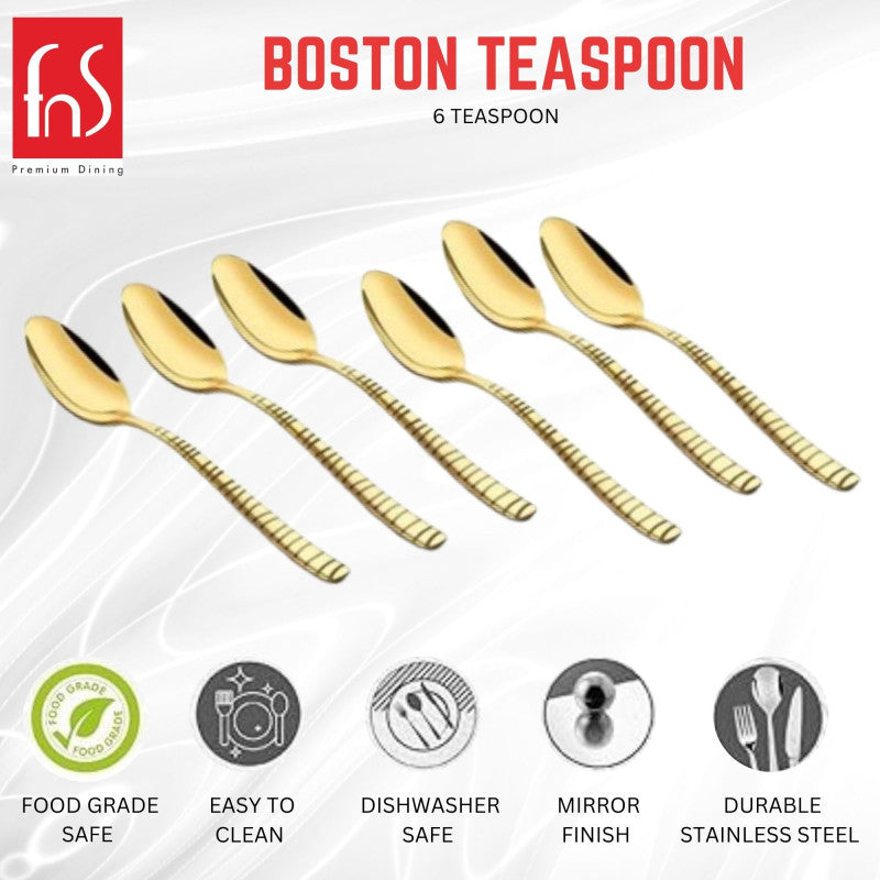 FnS Boston Teaspoon set of six with gold-plated finish and textured handles, featuring food-grade safe, easy-to-clean, dishwasher-safe, mirror finish, and durable stainless steel icons.