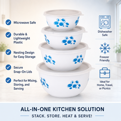 Montavo by FnS white serving bowl set of 4 with nesting design, microwave-safe bowls and secure Snap-On lids.