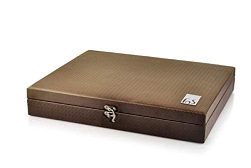 Textured brown flatware storage box with silver latch, featuring subtle pattern and small brand label.