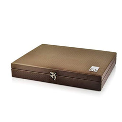 Closed textured brown cutlery box with silver latch and FNS logo in top right corner.