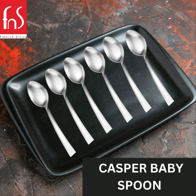 FNS Casper Baby Spoon 6-piece set arranged on black rectangular tray, premium stainless steel with sleek modern design