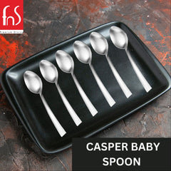 FNS Casper Baby Spoon 6-piece set arranged on black rectangular tray, premium stainless steel with sleek modern design