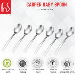 Casper Baby Spoon 12-piece set infographic displaying food grade safe, easy to clean, dishwasher safe, mirror finish, and durable stainless steel features