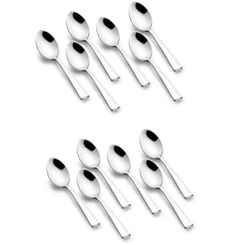 Casper stainless steel baby spoons complete 12-piece set displayed in two rows on white background, mirror finish