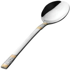 Celebration veg serving spoon with 24 karat gold plated accents, mirror finish stainless steel, and decorative textured handle design on white.