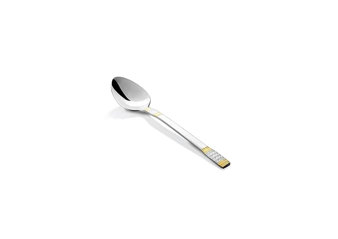 Single Celebration dinner spoon featuring mirror polished bowl with elegant 24K gold and silver plated textured geometric pattern handle design by FNS