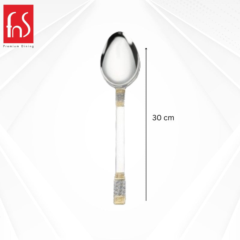 FNS Celebration gold plated veg serving spoon with 30 cm length dimension measurement showing elegant textured handle with gold detailing.