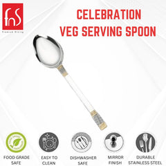 Celebration veg serving spoon features infographic showing food grade safe, easy to clean, dishwasher safe, mirror finish, and durable stainless steel.
