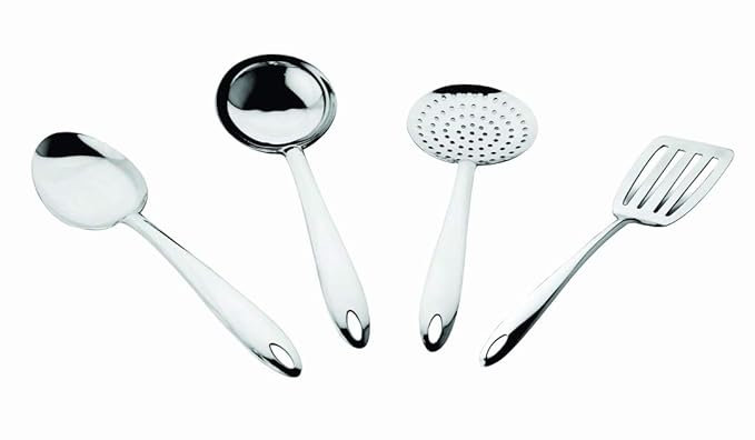 Chrome-plated cooking utensil set with four essential tools featuring ergonomic handles and convenient hanging loops
