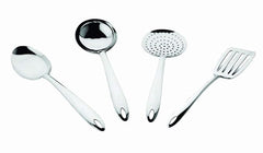 Chrome-plated cooking utensil set with four essential tools featuring ergonomic handles and convenient hanging loops