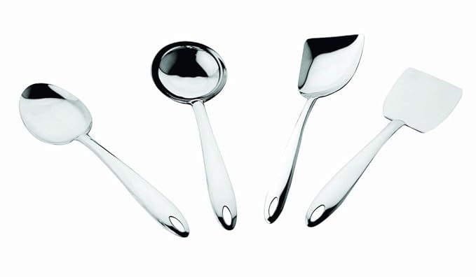 Mirror-polished serving utensil collection with four essential kitchen tools featuring sleek handles and convenient hanging hooks
