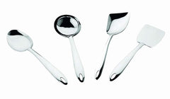 Mirror-polished serving utensil collection with four essential kitchen tools featuring sleek handles and convenient hanging hooks