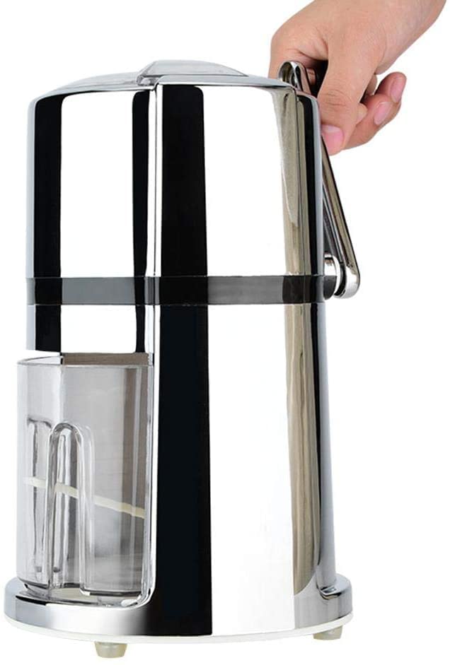 Chrome manual ice crusher with hand operating lever and transparent collection container showing crushed ice
