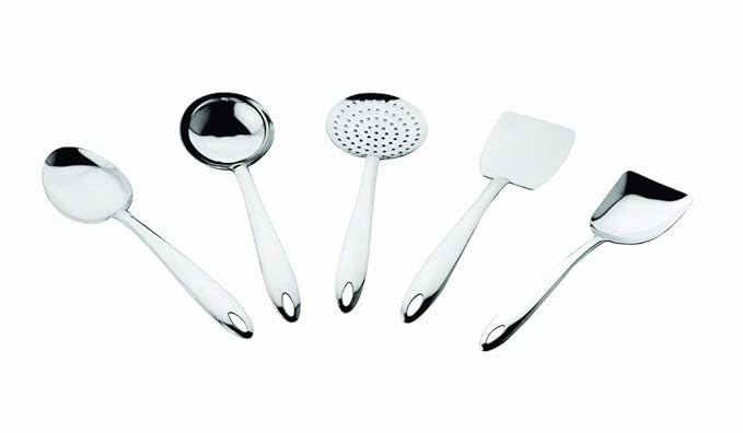 Chrome-finished 5-piece serving utensil collection featuring mirror-polished heads with sleek handles and convenient hanging hooks
