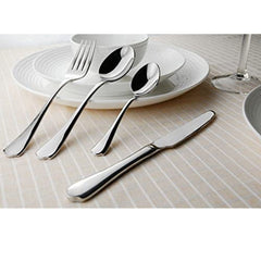 Fork, knife, and two spoons placed on elegant white dishware over a beige-striped tablecloth.