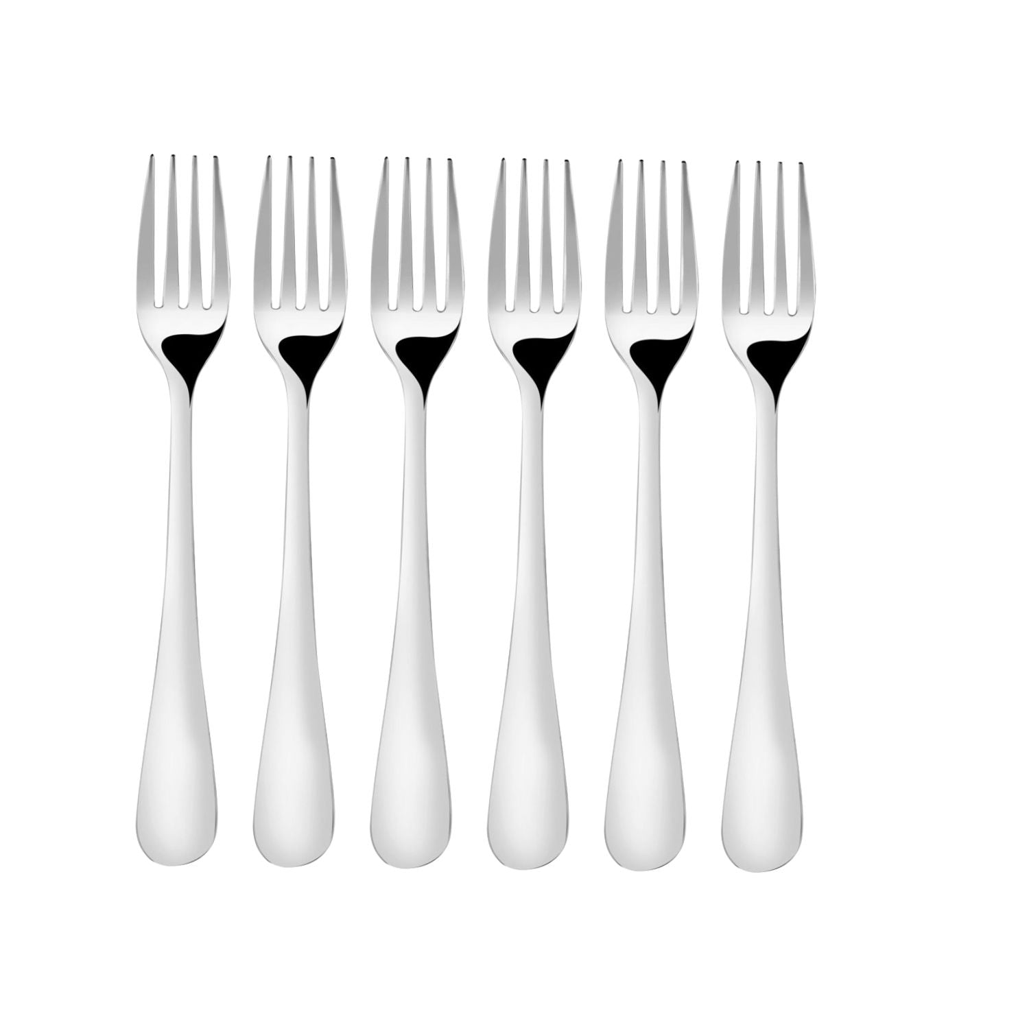 Six matching stainless steel dinner forks arranged in neat rowRetry