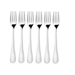 Six matching stainless steel dinner forks arranged in neat rowRetry
