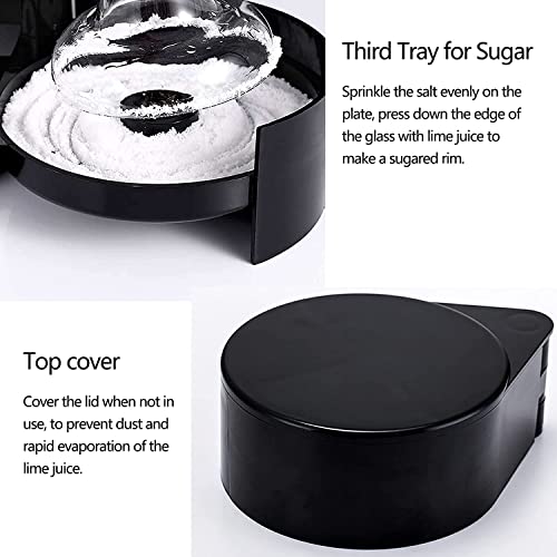 Two-part image showing sugar compartment for rimming glasses and closed black cocktail rimmer with protective lid