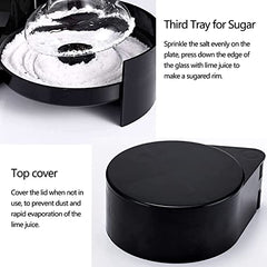 Two-part image showing sugar compartment for rimming glasses and closed black cocktail rimmer with protective lid