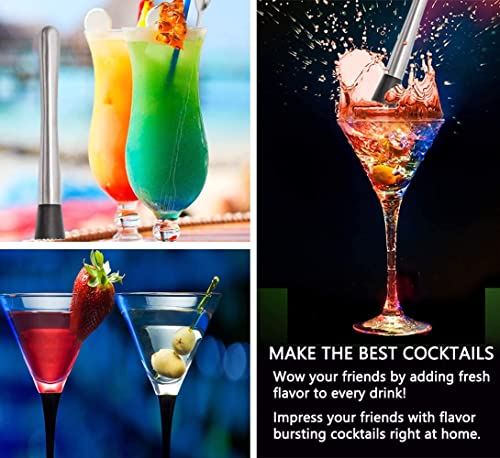 Cocktail muddler creating colorful drinks including tropical cocktails and martinis with splash effect and text about making best cocktails at home