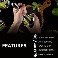 Hands using cocktail muddler to crush lime in glass for mojito with features including stainless steel, anti-bending, easy grip, durable metal