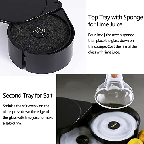 Cocktail rimmer instruction guide showing lime juice sponge tray and salt tray with glass rimming demonstration photos