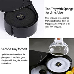 Cocktail rimmer instruction guide showing lime juice sponge tray and salt tray with glass rimming demonstration photos