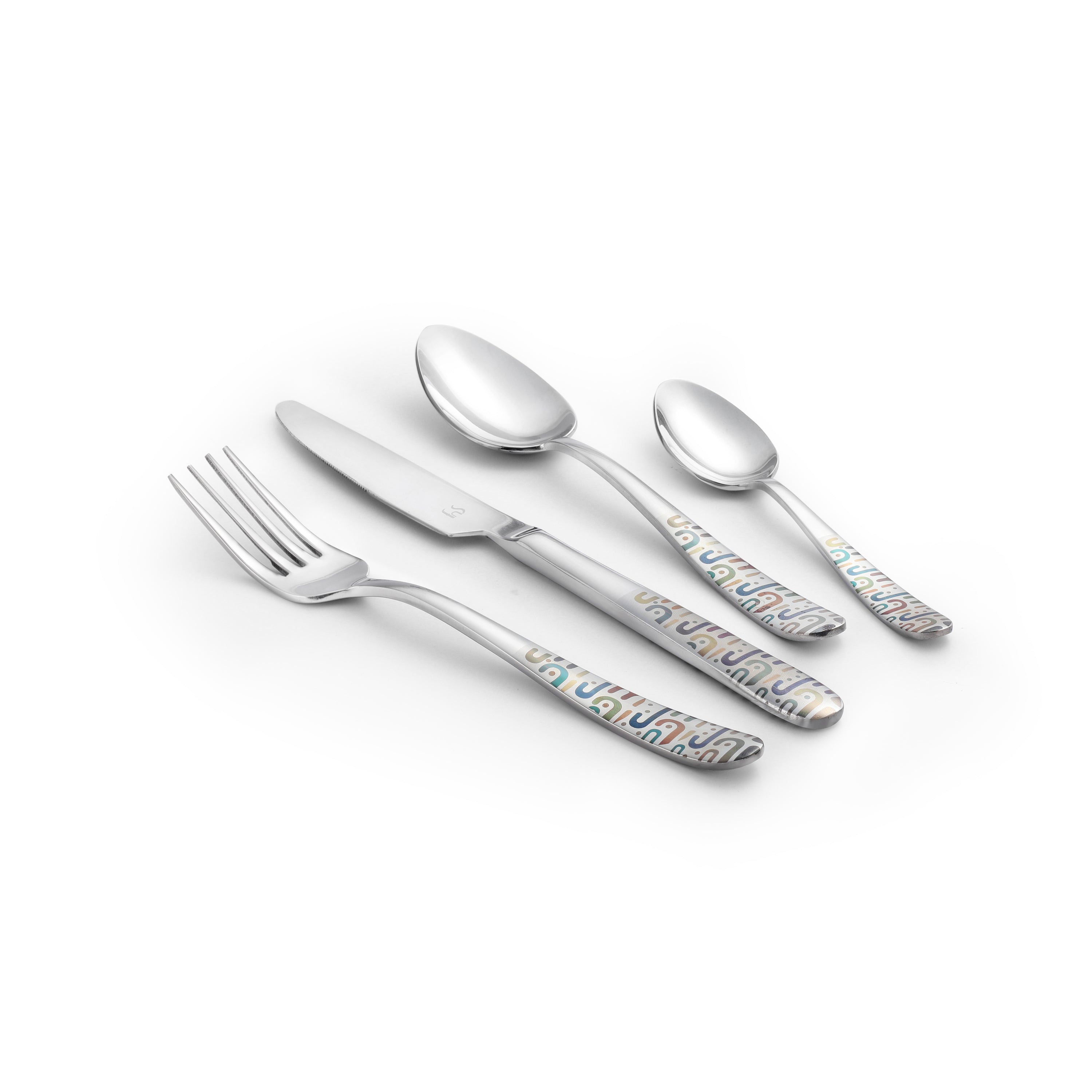 Four-piece silver cutlery set with colorful abstract-patterned handles arranged diagonally on white surface.