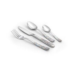 Four-piece silver cutlery set with colorful abstract-patterned handles arranged diagonally on white surface.