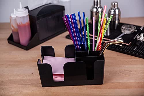 Compact black bar caddy holding colorful metallic straws and pink napkins on wooden bar counter with bartending equipment