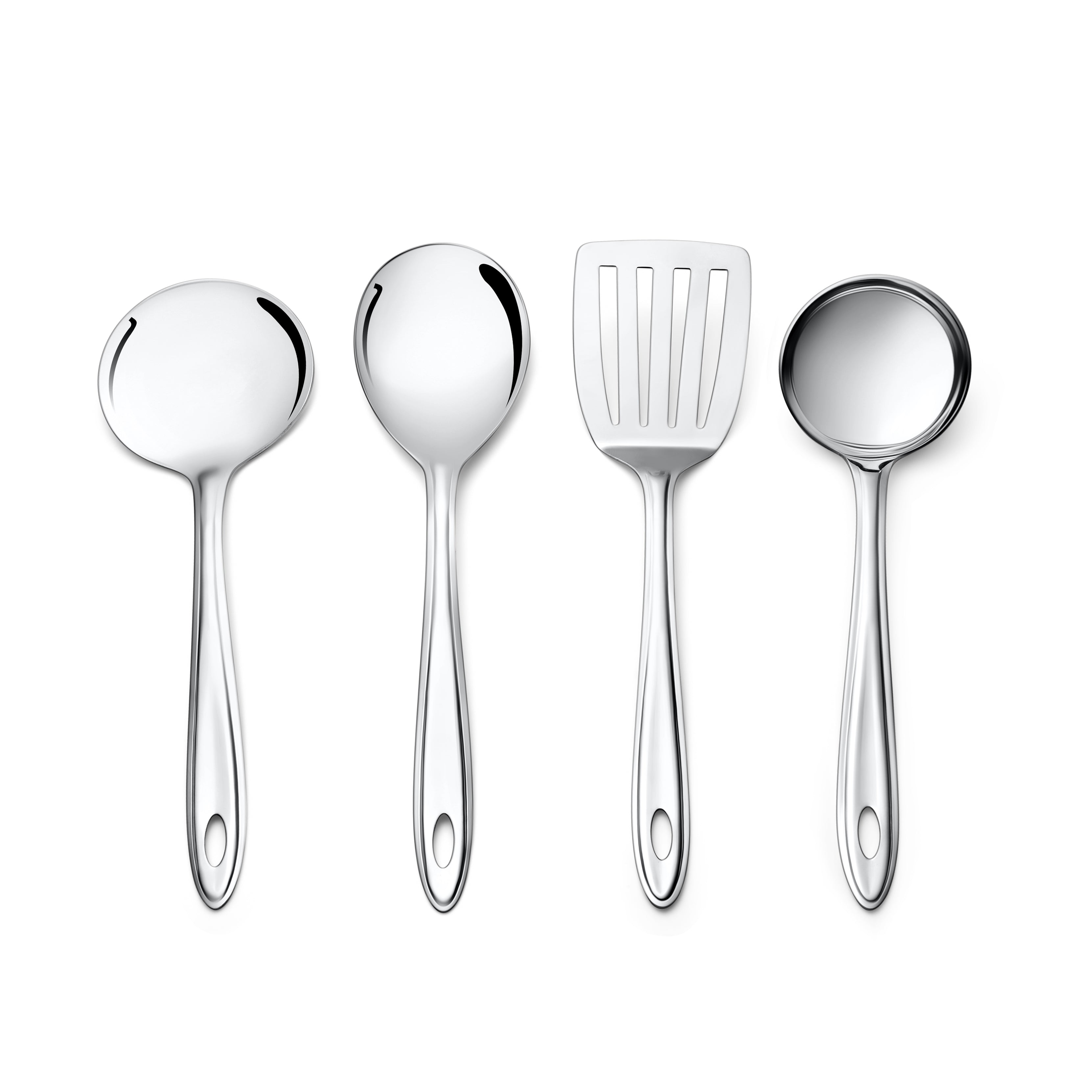 Complete Montavo Trinity stainless steel serving utensil set of 4 pieces arranged in row on white background