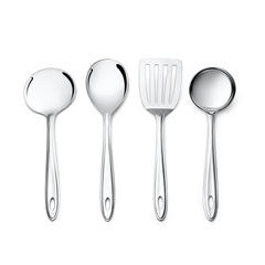 Complete Montavo Trinity stainless steel serving utensil set of 4 pieces arranged in row on white background