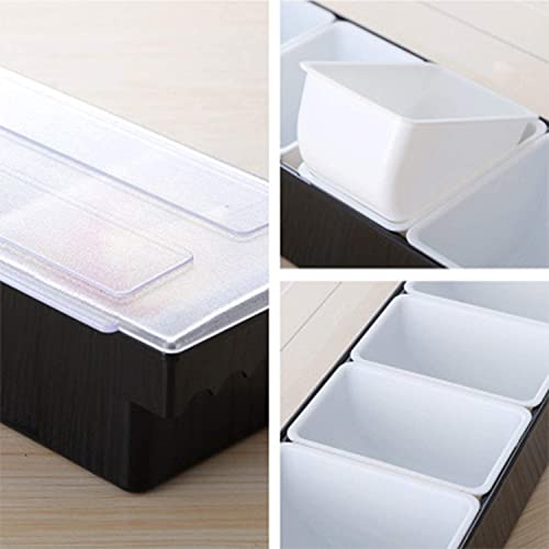 Close-up detail collage showing clear hinged lid and white plastic compartment inserts of condiment caddy organizer